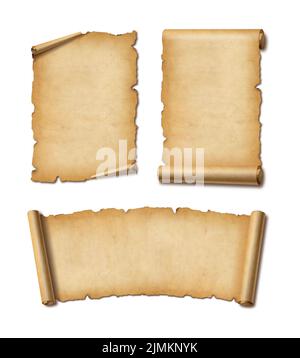 Vecchio set di scroll di carta pergamena isolato su bianco con ombra. Striscioni orizzontali e verticali Foto Stock