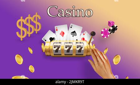 Casino jackpot e monete in caduta, slot machine, carte da gioco, 3D rendering Foto Stock