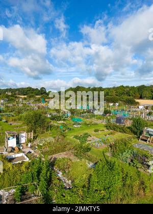 Vista aerea degli allottamenti di Alwoodley vicino a Leeds, West Yorkshire. Un'assegnazione vista in estate in una giornata di sole. Foto Stock