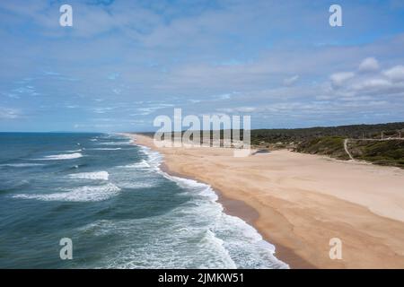 Vista da un drone di un'ampia e infinita spiaggia di sabbia dorata con alte dune di sabbia e vegetazione dietro Foto Stock