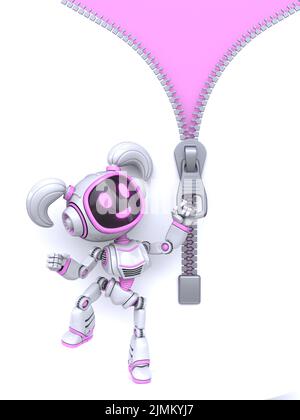 Carino rosa ragazza robot aperta zip sfondo 3D Foto Stock