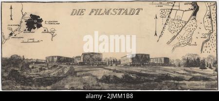 Poelzig Hans (1869-1936), Tonfilmatelier, Berlin-Gatow (1930): Vista prospettica con la sovrapposizione dalla pianta del sito e topografia. Carbone su trasparente, 58,8 x 141,3 cm (inclusi i bordi di scansione) Foto Stock