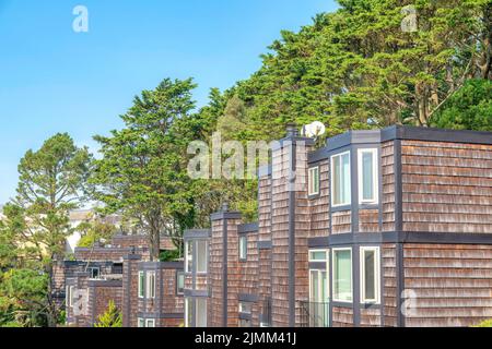 Complesso di appartamenti a San Francisco, California, con alberi sul retro. L'esterno dell'edificio dell'appartamento è dotato di pareti laterali in legno e porta scorrevole al b Foto Stock