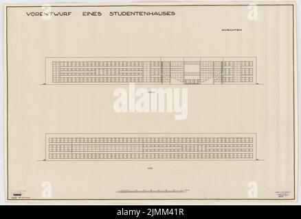 Poelzig Hans (1869-1936), casa studentesca dell'Università tecnica Berlino-Charlottenburg (senza anno): Progetto preliminare, viste nord e sud 1: 200. Inchiostro su trasparente, 68,4 x 100 cm (inclusi i bordi di scansione) Foto Stock