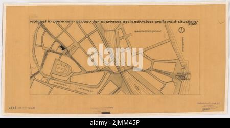 Poelzig Hans (1869-1936), Kreissparkasse Wolgast (1931): Progetto preliminare, situazione. Inchiostro su trasparente, 27,5 x 53,5 cm (inclusi i bordi di scansione) Foto Stock