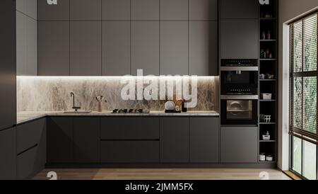 Moderno interno di cucina grigio scuro, 3D rendering Foto Stock