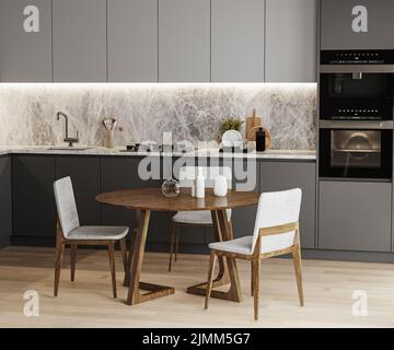 Moderno interno cucina con tavolo, utensili da cucina e mobili, elettrodomestici da cucina, 3D rendering Foto Stock