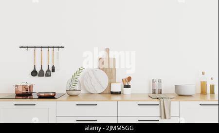 Set di utensili in cucina su bancone in legno con armadi bianchi, 3D intonaco Foto Stock