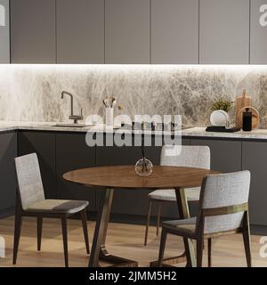 Sala da pranzo con tavolo in cucina interna, 3D rendering Foto Stock