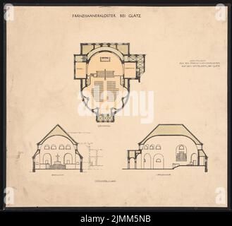 Poelzig Hans (1869-1936), monastero francescano sullo Spittelberg, Glatz (1915): Progetto preliminare, chiesa a pianta, sezione trasversale e sezione longitudinale 1: 200. Acquerello a rottura leggera sulla scatola, 51,1 x 56,1 cm (inclusi i bordi di scansione) Foto Stock