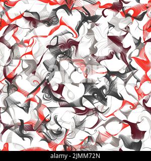 Tratti di pennello astratti caotici lineari e curvi. Colori grigio, marrone e rosso su sfondo bianco. Ripetizione senza giunture Foto Stock