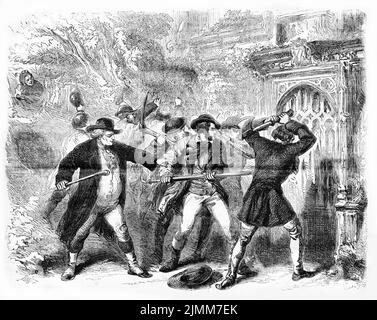 Illustrazione della rivista francese Journal pour Tous (giornale per tutti) nel 1856, che mostra una folla di uomini che si rompono in un palazzo Foto Stock