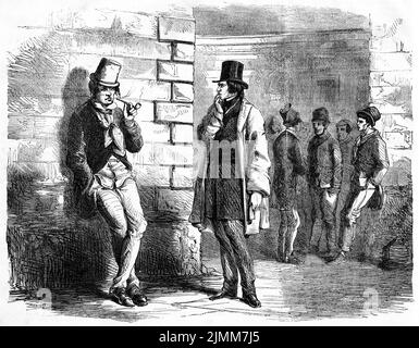 Illustrazione della rivista francese Journal pour Tous (giornale per tutti) nel 1856, che mostra due uomini che si stagliano sulle strade della città di Parigi Foto Stock