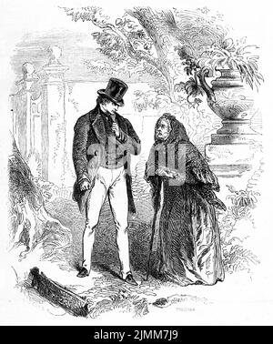 Illustrazione della rivista francese Journal pour Tous (giornale per tutti) nel 1856 che mostra un uomo che incontra una donna anziana in un parco o in un giardino Foto Stock