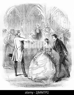 Illustrazione della rivista francese Journal pour Tous (giornale per tutti) nel 1856, mostrando un uomo che si oppone a una coppia sposarsi Foto Stock