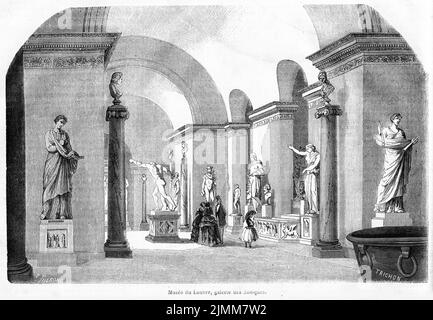 Illustrazione della rivista francese Journal pour Tous (giornale per tutti) nel 1856, che mostra la galleria di statue antiche nel museo del Louvre Foto Stock