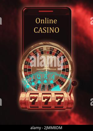 Casinò online, banner con smartphone, roulette, slot machine e carte da gioco Foto Stock