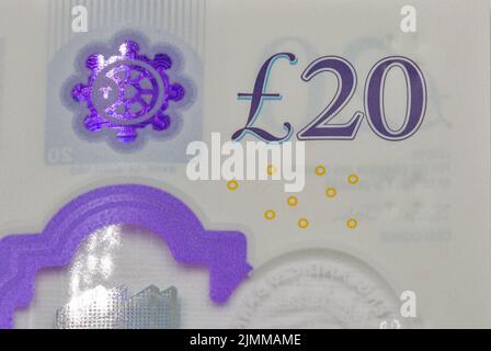 Closeup di frammenti di banconote da venti sterline inglesi su bianco. Foto Stock