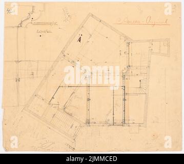 Messel Alfred (1853-1909), edificio residenziale e commerciale, Berlino (1893), Grundriss EG, inchiostro, matita, Matita colorata, inchiostro colorato sopra una rottura su carta, tu UB Plan Collection Inv. N. 12858 Foto Stock