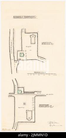 Nicklau Rudolf (nato nel 1896), torre d'acqua con appartamenti e museo. Concorso mensile Marzo 1927 (03,1927): Piano del sito - 2 varianti 1: 1000. Acquerello Tusche sulla scatola, 50,2 x 25 cm (inclusi i bordi di scansione) Foto Stock