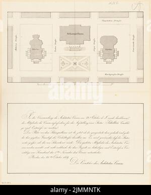 Sconosciuto architetto, monumento Schiller sul Gendarmenmarkt a Berlino. Concorso mensile Novembre 1859 (11,1859): Testo con pianta del sito, in cui è disegnato il monumento con area verde. Pressione eccessiva della matita sulla carta, 41,3 x 33,6 cm (inclusi i bordi di scansione) Foto Stock