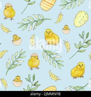 Modello di Pasqua. Acquerello modello senza cuciture con polli piccoli e rametti verdi, con uova di Pasqua e piume Foto Stock