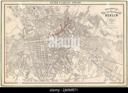 Autore sconosciuto, mappa della città di Berlino 1860. Sul progetto: August Orth, Breakthrough of Kaiser-Wilhelm-Straße, Berlino: Mappa della città con un progetto disegnato. Inchiostro colorato, acquerello su carta, 73,5 x 107,3 cm (compreso il bordo di scansione). Foto Stock