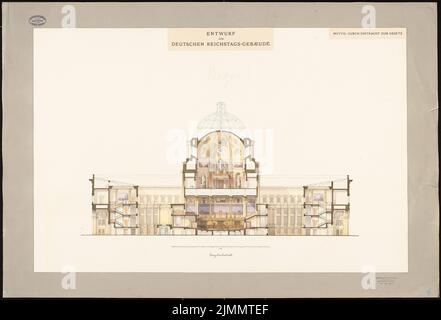 Begas Reinhold (1831-1911), Reichstag, Berlino (senza data): Sezione lunga 1: 200, con vista interna. Inchiostro, matita, acquarello, oro - rialzato su cartone, 78,1 x 114,7 cm (inclusi i bordi di scansione) Foto Stock