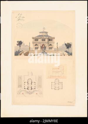 Lange Emil (1841-1926), Villa nel parco (1861): Piantine, lacerazioni e tagli del piano terra e del piano superiore. Acquerello a matita sulla scatola, 64,6 x 48,2 cm (inclusi i bordi di scansione) Foto Stock