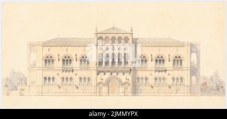 Lange Ludwig (1808-1868), edificio residenziale principesco per il Wittelsbacher a Monaco (1843): Progetto preliminare, vista frontale del tort. Acquerello desiderato sulla scatola, 26 x 54,2 cm (inclusi i bordi di scansione) Foto Stock