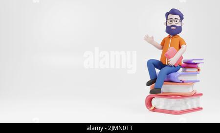 3D personaggio uomo seduto sulla torre dei libri Foto Stock