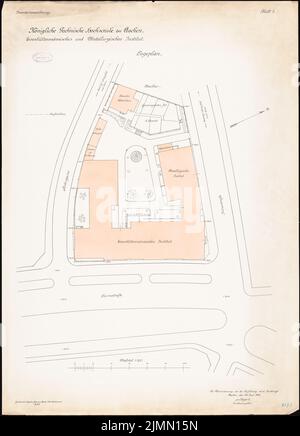 Thür Georg (1846-1924), capanna di ferro e Istituto metallurgico dell'Università tecnica di Aquisgrana (1906-1910): Pianta del sito sezione 1: 200. Litografia, 92,2 x 66,4 cm (inclusi i bordi di scansione) Foto Stock