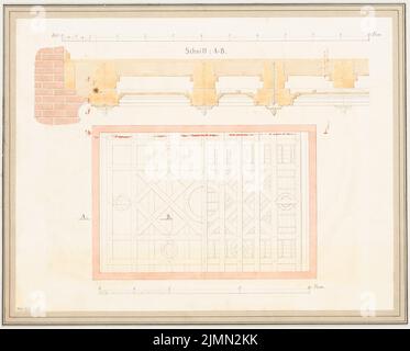 Hellwig Moritz (1849-1912), coperta di una sala da pranzo. Concorso mensile Marzo 1867 (03,1867): Pianta del pavimento costruzione del soffitto (2 strati), sezione longitudinale parziale (trasporto conferenza); Scala bar. Acquerello Tusche su carta, 24,5 x 30,4 cm (inclusi i bordi di scansione) Foto Stock