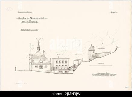 Böttcher, Moorbadanstalt a Langenschwalbach. Edificio principale, casa di macchine e caldaie, canale di tubazioni (1903-1905): Vista laterale RISS (da est) 1: 100. Litografia, 68,9 x 100,3 cm (inclusi i bordi di scansione) Foto Stock