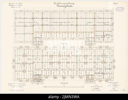 Jannasch, guarnigione della barriera della fanteria di Mannheim. Edificio a camere (1899-1901): Grundriss Keller, piano terra 1: 100. Litografia, 52 x 70,9 cm (inclusi i bordi di scansione) Foto Stock