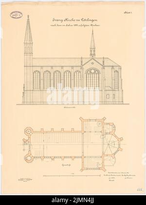 Architetto sconosciuto, Chiesa evangelica di Letzlingen (1892): Pianta, vista laterale verticale 1: 100. Litografia, 71,4 x 53,4 cm (inclusi i bordi di scansione) Foto Stock