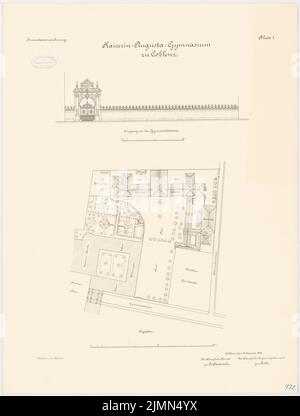 Architetto sconosciuto, Kaiserin-Augusta-Gymnasium a Coblenza (ca 1895): pianta del sito 1: 500, vista dell'ingresso (parete) 1: 100. Litografia, 70,6 x 53,5 cm (inclusi i bordi di scansione) Foto Stock