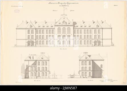 Architetto sconosciuto, Kaiserin-Augusta-palestra a Coblenza. Edificio di classe (ca 1895): VISTA W, N, S, 1: 100. Litografia, 71,1 x 105,6 cm (inclusi i bordi di scansione) Foto Stock