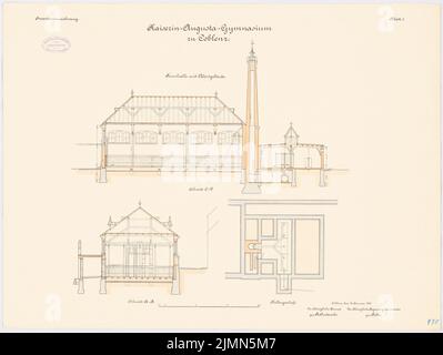 Architetto sconosciuto, Kaiserin-Augusta-palestra a Coblenza. Palestra e abort building (ca 1895): Pianta del pavimento KG, sezione trasversale e sezione longitudinale, 1: 100. Litografia, 53,3 x 70,9 cm (inclusi i bordi di scansione) Foto Stock