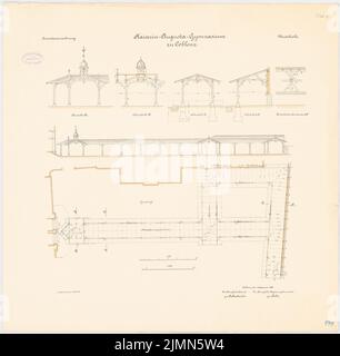 Architetto sconosciuto, Kaiserin-Augusta-palestra a Coblenza. Cambiare hall (circa 1895): pianta del pavimento, vista laterale 1:100, sezioni, viste parziali 1:50. Litografia, 70,8 x 72,2 cm (inclusi i bordi di scansione) Foto Stock