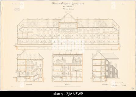 Architetto sconosciuto, Kaiserin-Augusta-palestra a Coblenza. Edificio di classe (ca 1895): sezioni trasversali, sezione longitudinale, 1: 100. Litografia, 71,1 x 105,7 cm (inclusi i bordi di scansione) Foto Stock