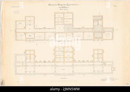 Architetto sconosciuto, Kaiserin-Augusta-palestra a Coblenza. Edificio di classe (ca 1895): Grundriss KG, EG 1: 100. Litografia, 70,6 x 106,1 cm (inclusi i bordi di scansione) Foto Stock