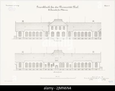 Architetto sconosciuto, clinica madman dell'Università degli Albrechts Cristiani di Kiel. Barrack per uomini (ca 1902): vista frontale e vista posteriore 1: 100. Litografia, 50,7 x 68,4 cm (inclusi i bordi di scansione) Foto Stock