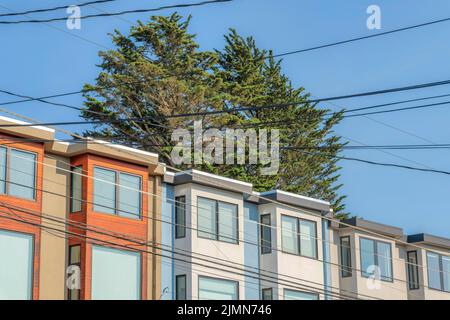 Case esterne con cavi elettrici nella parte anteriore e albero nella parte posteriore a San Francisco, CA. Facciata di case di città con diversi rivestimenti murali e Foto Stock