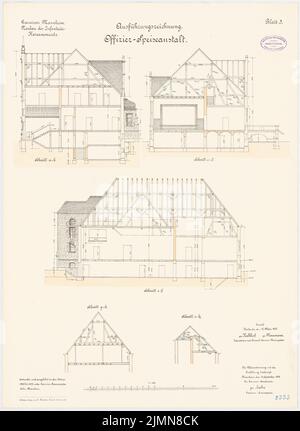 Jannasch, guarnigione della barriera della fanteria di Mannheim. Casinò ufficiale (1900-1902): Sezione longitudinale, sezioni trasversali 1: 100. Litografia, 70,8 x 51,7 cm (inclusi i bordi di scansione) Foto Stock