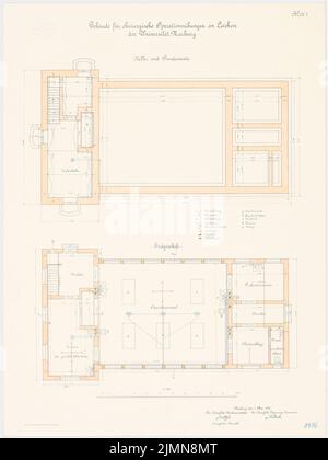 Architetto sconosciuto, edificio di insegnamento chirurgico della Philips University Marburg (ca 1902): pianterreno, seminterrato, piano terra 1:50. Litografia, 68,9 x 51,7 cm (inclusi i bordi di scansione) Foto Stock