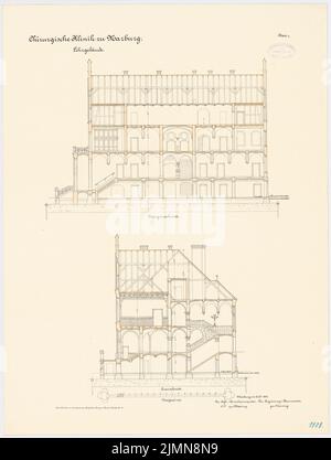 Architetto sconosciuto, clinica chirurgica della Philips University Marburg (ca 1896): Edificio didattico: Sezione longitudinale, sezione trasversale 1: 100. Litografia, 71,3 x 53,9 cm (inclusi i bordi di scansione) Foto Stock