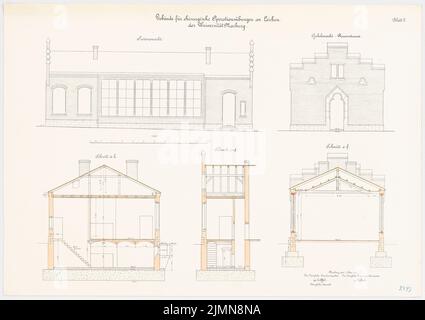 Architetto sconosciuto, edificio di insegnamento chirurgico della Philips University Marburg (ca 1902): Vista laterale superiore, vista a timpano, sezioni trasversali 1:50. Litografia, 56,3 x 79,6 cm (inclusi i bordi di scansione) Foto Stock