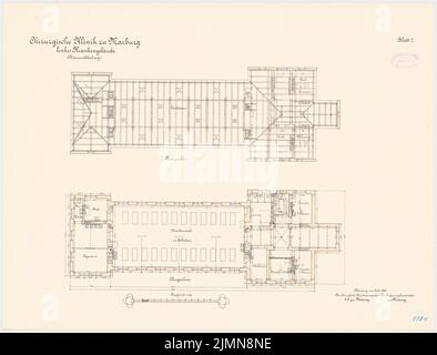 Architetto sconosciuto, clinica chirurgica della Philips University Marburg (ca 1896): case di cura di sinistra: pianta piano superiore, mansarda 1: 100. Litografia, 53,8 x 70,7 cm (inclusi i bordi di scansione) Foto Stock