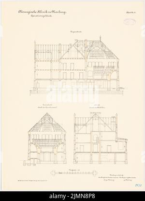 Architetto sconosciuto, clinica chirurgica della Philips University Marburg (ca 1896): edificio chirurgico: sezione longitudinale, sezioni trasversali 1: 100. Litografia, 70,8 x 53,7 cm (inclusi i bordi di scansione) Foto Stock